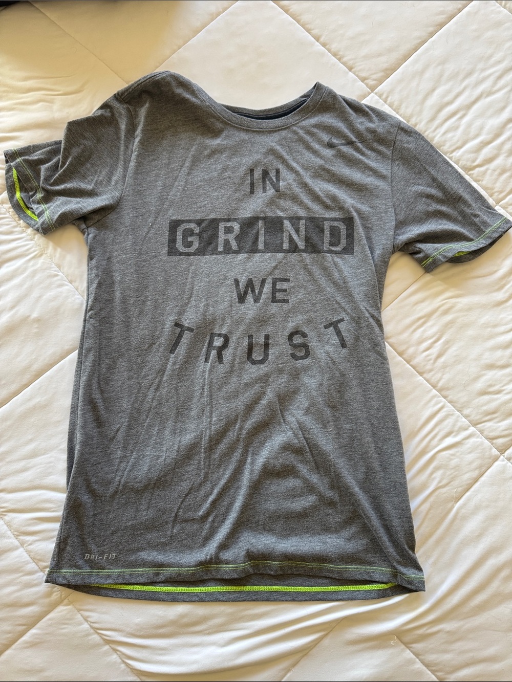 Nike Gray 'In Grind We Trust' Short Sleeve Athletic Tee with Neon Trim
